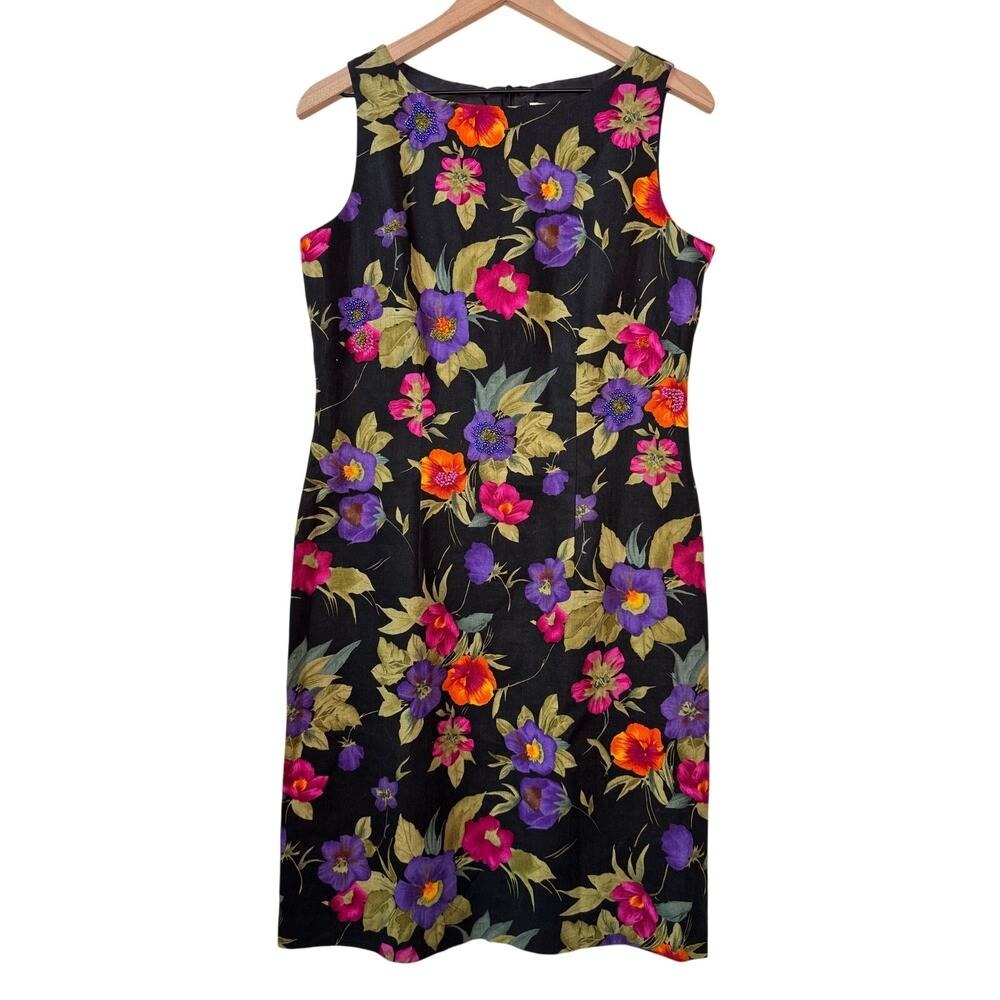 Vintage Jessica Howard Dress Women 10 Black Floral Beaded Linen Blend Tropical